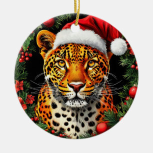 Adorno De Cerámica Leopardo Festivo con Gorro de Santa