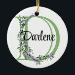 Adorno De Cerámica Letra alfabética D, acuarela Lavender botánico<br><div class="desc">Un diseño romántico y elegante con letra "D" monogramada enmarcada por eucalipto y lavanda y libélula pintada en acuarelas. Para empezar a cambiar el nombre, haga clic en "Personalizar esta plantilla" y edite la redacción en los cuadros de plantilla. Para acceder a las herramientas de edición más avanzadas, desplácese hasta...</div>