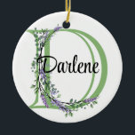 Adorno De Cerámica Letra alfabética D, acuarela Lavender botánico<br><div class="desc">Un diseño romántico y elegante con letra "D" monogramada enmarcada por eucalipto y lavanda y libélula pintada en acuarelas. Para empezar a cambiar el nombre, haga clic en "Personalizar esta plantilla" y edite la redacción en los cuadros de plantilla. Para acceder a las herramientas de edición más avanzadas, desplácese hasta...</div>
