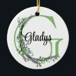 Adorno De Cerámica Letra alfabética G, acuarela Lavender botánico<br><div class="desc">Un diseño romántico y elegante con letra de alfabeto monogramado "G" enmarcada por eucalipto y lavanda y libélula pintada en acuarelas. Para empezar a cambiar el nombre, haga clic en "Personalizar esta plantilla" y edite la redacción en los cuadros de plantilla. Para acceder a las herramientas de edición más avanzadas,...</div>