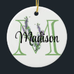 Adorno De Cerámica Letra alfabética M, acuarela botánica Lavender<br><div class="desc">Un diseño romántico y elegante con letra de alfabeto monogramado "M" enmarcada por eucalipto y lavanda y libélula pintada en acuarelas. Para empezar a cambiar el nombre, haga clic en "Personalizar esta plantilla" y edite la redacción en los cuadros de plantilla. Para acceder a las herramientas de edición más avanzadas,...</div>