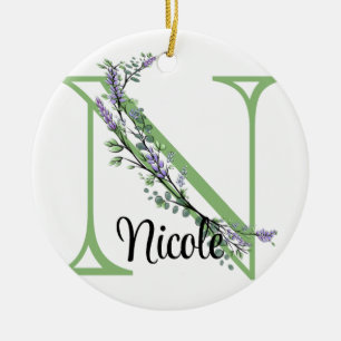Adorno De Cerámica Letra alfabética N, acuarela Lavender botánico