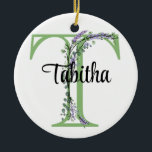 Adorno De Cerámica Letra alfabética T, acuarela botánica Lavender<br><div class="desc">Un diseño romántico y elegante con letra de alfabeto monogramado "T" enmarcada por eucalipto y lavanda y libélula pintada en acuarelas. Para empezar a cambiar el nombre, haga clic en "Personalizar esta plantilla" y edite la redacción en los cuadros de plantilla. Para acceder a las herramientas de edición más avanzadas,...</div>
