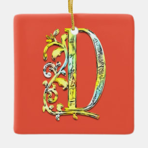 Adorno De Cerámica Letra D monograma inicial arte floral