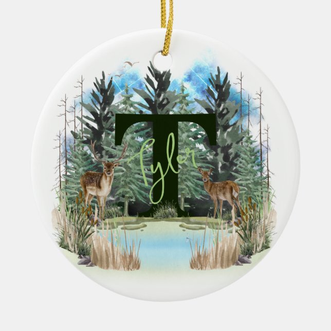 Adorno De Cerámica Letra de monograma T personalizada para ciervo acu (Frente)