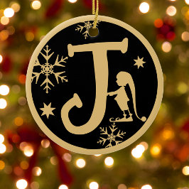 Adorno De Cerámica Letra monográfica J Gold Black Navidades