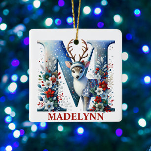 Adorno De Cerámica Letra monograma M de reno de navidades Nombre pers