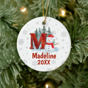Adorno De Cerámica Letra monograma personalizada M Navidades Snowman