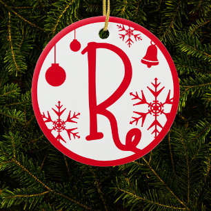 Adorno De Cerámica Letra monograma R rojo blanco Navidad
