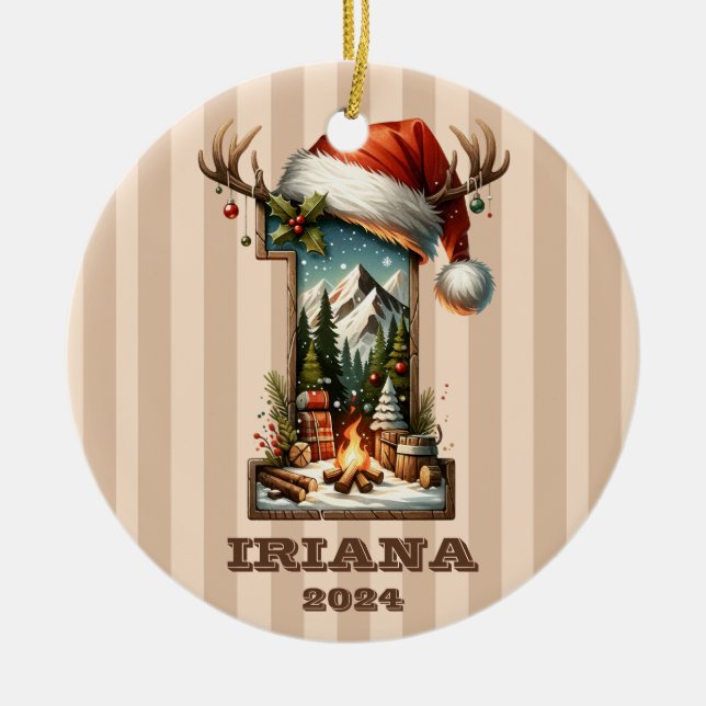 Adorno De Cerámica Letra navideña I con escena invernal rústica (Frente)