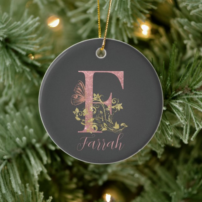 Adorno De Cerámica Letra rosa Purpurina floral F (Árbol)