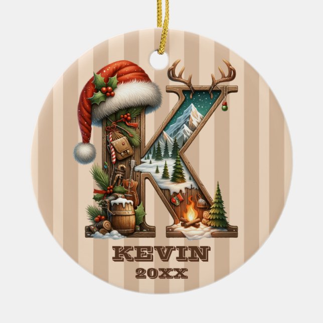 Adorno De Cerámica Letra rustica de vacaciones K con escena de invier (Frente)