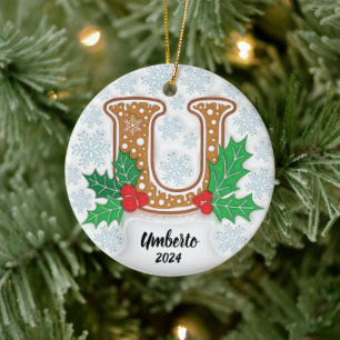 Adorno De Cerámica Letra U Monograma de Nombre Personalizado Navidad