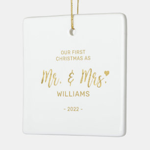 Adorno De Cerámica Letras Gold Modern Mr & Mrs First Christmas