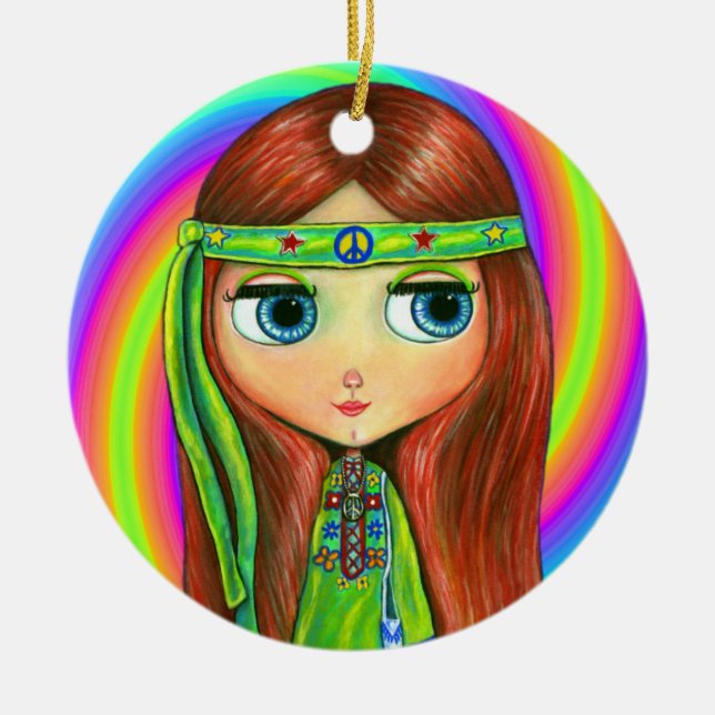 Adorno De Cerámica Letrero verde hippie Chica de paz seña de cabeza d (Frente)