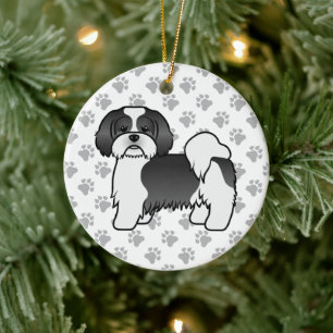 Adorno De Cerámica Lhasa Apso blanco y negro perro de dibujos animado