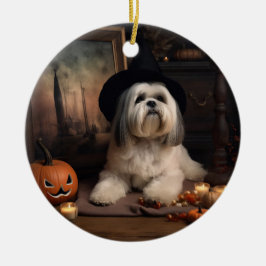 Adorno De Cerámica Lhasa Apso Calabazas Halloween Aterradoras
