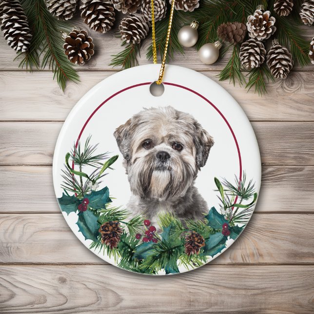 Adorno De Cerámica Lhasa Apso Dog Evergreen Berry Wreath (Subido por el creador)