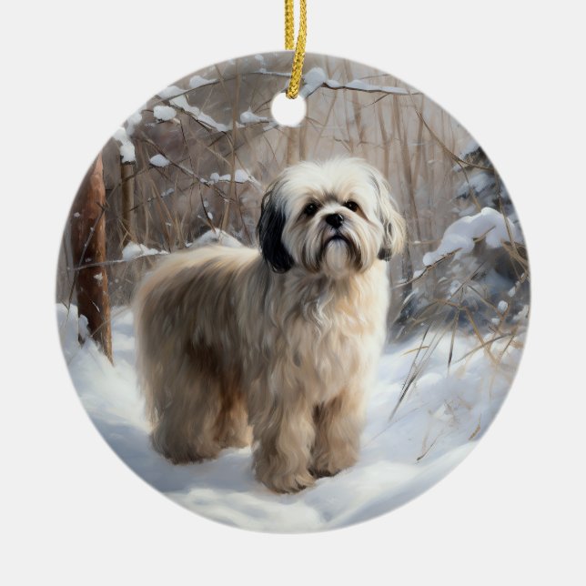 Adorno De Cerámica Lhasa Apso Let It Snow Navidades (Frente)