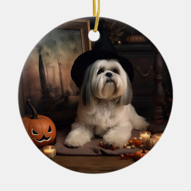 Adorno De Cerámica Lhasa Apso Pumpkins Halloween Scary (Frente)