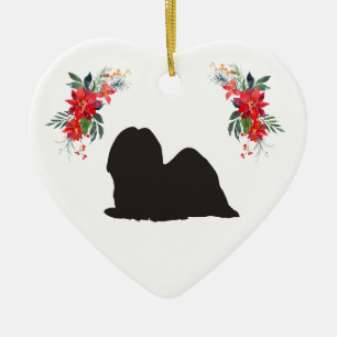 Adorno De Cerámica Lhasa Apso Silhouette con el nombre Poinsettia