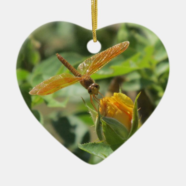 Adorno De Cerámica Libélula anaranjada en capullo de rosa amarillo (Frente)