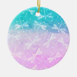 Adorno De Cerámica Libélulas modernas de color rosa y aqua ombre feme