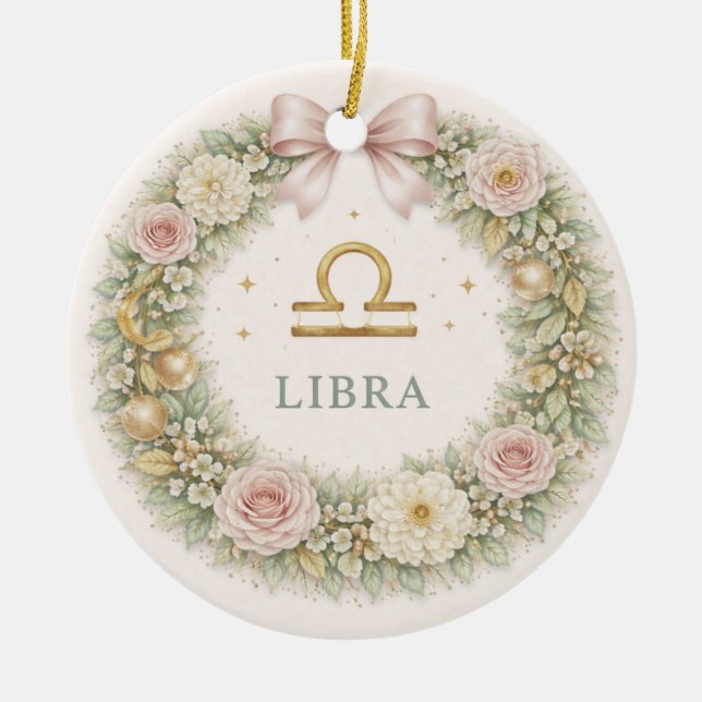 Adorno De Cerámica Libra Zodiac Christmas Ornament – Blush Floral Wre (Frente)