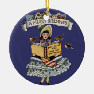 Adorno De Cerámica Libro de niña vintage y Papá Noel de Navidad