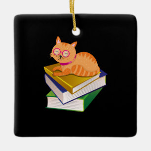 Adorno De Cerámica Libros - Regalo de los libros y gatos