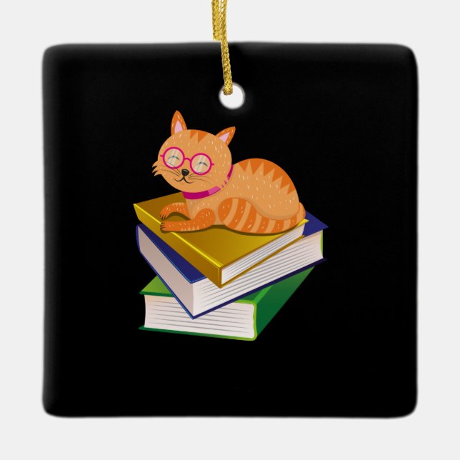 Adorno De Cerámica Libros - Regalo de los libros y gatos (Anverso)