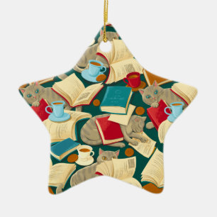 Adorno De Cerámica Libros y gatos