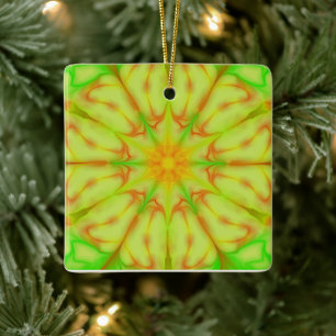 Adorno De Cerámica Lime Green Yellow Peach Fractal Mandala Flower