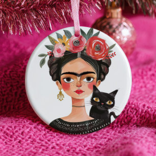 Adorno De Cerámica Linda Frida Kahlo & Gato Negro Nombre de Mascota F