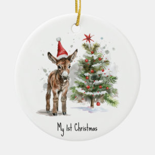 Adorno De Cerámica lindo bebe burro y árbol de navidad, personalizabl