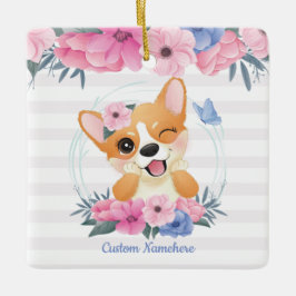 Adorno De Cerámica Lindo Corgi Perro Corona De Flores Mariposa Azul P