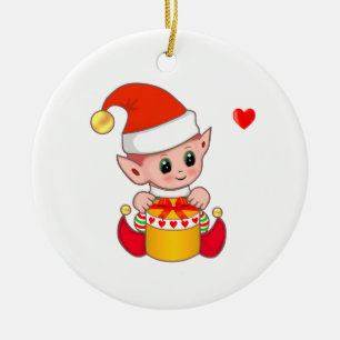 Adorno De Cerámica Lindo elfo de Navidad en blanco