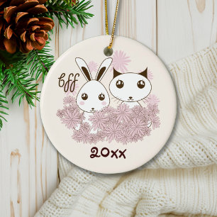 Adorno De Cerámica Lindo gatito y conejito animales mejores amigos ni