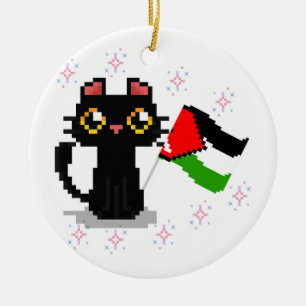 Adorno De Cerámica lindo gato negro sostiene bandera palestina