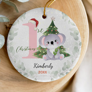 Adorno De Cerámica Lindo Koala de Navidad de Bebé Niña Rosa