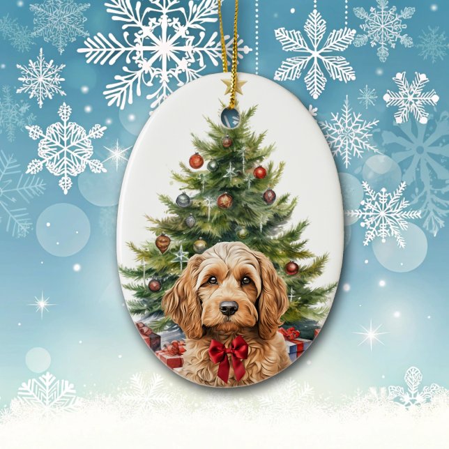 Adorno De Cerámica Lindo perro Cockapoo con lazo rojo de Navidad (Subido por el creador)