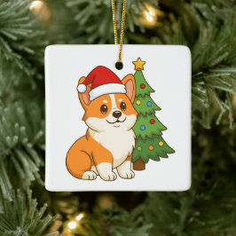 Adorno De Cerámica Lindo perro Corgi con un sombrero rojo con árbol d