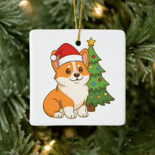 Adorno De Cerámica Lindo perro Corgi con un sombrero rojo con árbol d
