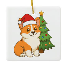 Lindo perro Corgi con un sombrero rojo con árbol d