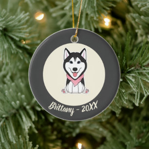 Adorno De Cerámica Lindo perro husky blanco y negro