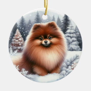 Adorno De Cerámica Lindo perro pomerania marrón escénico de invierno