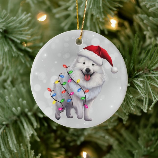 Adorno De Cerámica Lindo perro Samoyed envuelto en luces de Navidad  (Árbol)