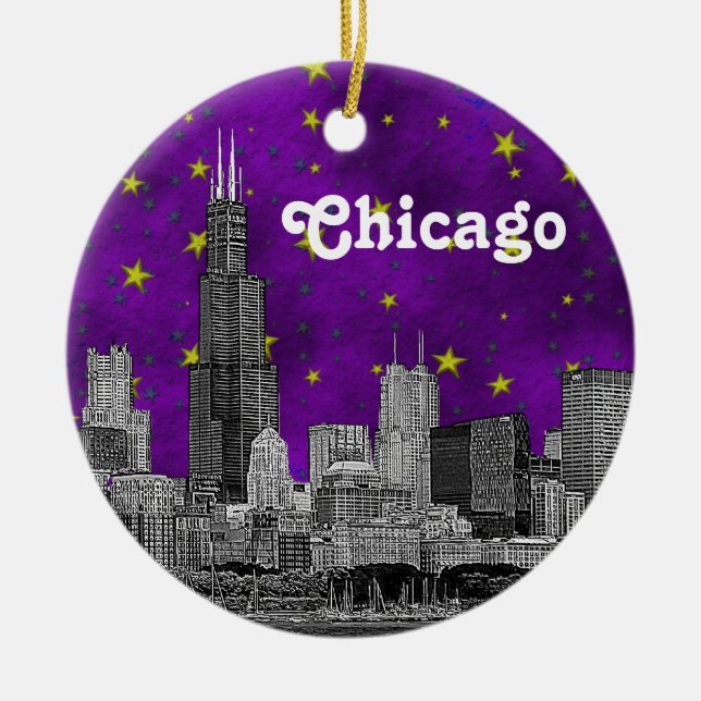 Adorno De Cerámica Línea Skyline de Chicago Etched, Cielo Purple Star (Frente)