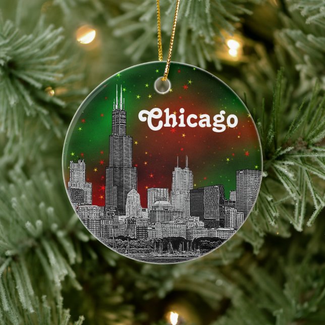 Adorno De Cerámica Línea Skyline Etched De Chicago, Navidad Verde Red (Árbol)