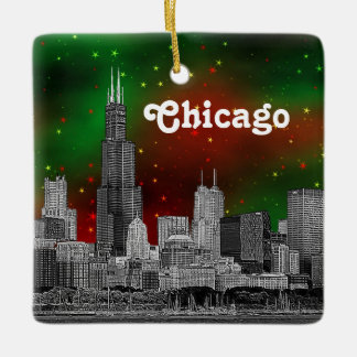 Adorno De Cerámica Línea Skyline Etched De Chicago, Navidad Verde Red